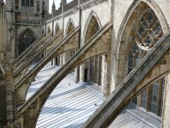 a specific form of buttressing most strongly associated with Gothic church architecture. The purpose of any buttress is to resist the lateral forces pushing a wall outwards (which may arise from stone vaulted ceilings or from wind-loading on roofs...