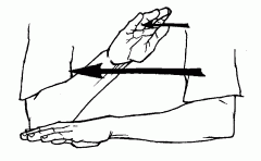 Start by holding the right arm over close to the crook of the left elbow. Then slide the sign "afternoon" toward the right until it is in the normal position.