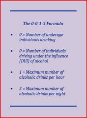 • 0 = Number of underage individuals drinking alcohol 
• 0 = Number of individuals driving under the influence (DUI) of alcohol 
• 1 = Maximum number of alcoholic drinks per hour 
• 3 = Maximum number of alcoholic drinks per night