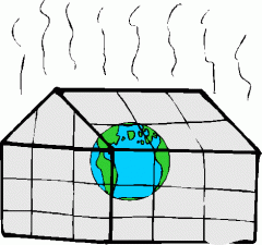 The trapping of heat in an atmosphere.  Example: excess carbon dioxide in the air traps heat in the atmosphere.