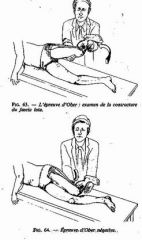 Indication: Tight ITB 
Pt lies on side, with dysfunctional-side on top. 
Dr: Slight hip EXTENSION (allows ITB to pass behind greater trochanter), ABDUCT thigh, FLEX knee. Slowly release knee while supporting the ankle, allowing thigh to adduct. 
+: Thi