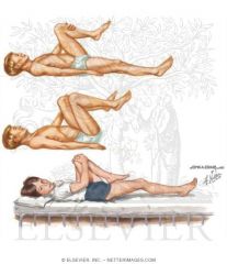 Indication: Tight Iliopsoas muscle (Tight hip flexor) 
Pt supine, flattens lordotic curve by flexing both hips and knees. Pt then holds one knee, releasing one leg to table without allowing lordosis. 
Dr. examine distance knee is above table top, compar
