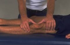 Indication: Patella is prone to lateral dislocation 
Pt supine. Quadriceps relaxed. 
Dr. opposite TP. 
Press laterally against medial border of patella with thumb. Watch patient's face. If patient begins to dislocate, pt will look apprehensive or distr