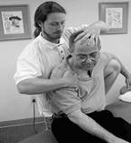 Lateral to sternum, below sternoclavicular joint 	Pt seated, arm draped over Dr.’s knee, OPPOSITE t.p.
Dr. standing behind patient. 
Pt’s head is slightly flexed, rotated and side-bent toward the tenderpoint.
F-Rt-St