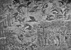 Franceso Traini
"The Black Death" [Triumph of Death]
Full Fresco 18'6 X 49'2''
1330's

The men and woman ignore dreadful realities, occupying themselves  in an orange grove with music and amusements.
The angels and demons struggle for the sole of th