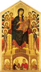 Cimabue
"Madonna Enthroned with Angel's and Prophets"
Tempura and gold lead on wood
1280-1290

Created for the church of Santa Trinita [Holy Trinity] in Florence
Shows the painters reliance on Byzantine models for the composition as well as the gold