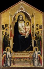 Giotto
"Madonna Enthroned The Chapel Arena"
Tempera and gold leaf on wood
1310

Depicting the same subject as Cimabue's.
Painted for the high altar of the Ognissanti [All Saints Church in Florence]
Seen against the traditional gold background.
Gio