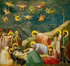 Giotto Di Bondone
"Lamination" Arena Chapel
Fresco
1305

The artist used the diagonal slope of the rocky landscape to direct the viewers attention toward the head of the sculptures figure to the dead Christ.
The Angels are seen head-on with their bo