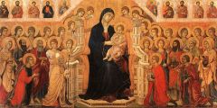 Duccio Di Bouninsegna
"Virgin and Chold Enthorned with Saints"
Tempera and gold leaf on wood
1308-1311

Replaced a much smaller painting of the Virgin Mary on the high alter of Siena Cathedral.
Duccio had help with the piece.
The piece consisted of