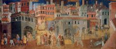 Lorenzetti Brothers
"Peaceful City from Good Government"
Fresco
1338-1339

The artist depicted the urban and rural effects of good government.
It's painted as an illusionistic panorama of the bustling city.
The fresco was addressing the cities conc