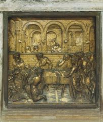 Donatello
Feast of Herod St. Mark
Guilded Bronze
1423-1427
Page 424

Donatello's mastery of relief scuplture is also evident in Feast of Herod.
A bronze relief on the baptismal font in Siena Cathedral.
Some figures are dancing around the lome [to 