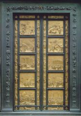 Lorenzo Ghiberti
Gates of Paradise
Gilded Bronze
1425-1452
Page 426

Ghiberti was one of the first Italian artists in the 15th century to embrace a unified system for representing space. His enthusiasm for perspectival illusion is evident in the doo