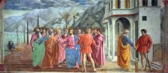 Masaccio
Tribute Money
Fresco
1424-1427
Page 432

Recall's Giotto's simoke grandeur but they convey a greater psychological credibility.
He modeled his figures with lighting coming from a source outside the picture.
Painted in the Brancacci family