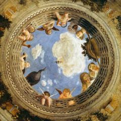 Andrea Mantegna
Ceiling of the Camera Degli Spossi
1465-1474
Fresco

Was painted in the duke's bedchamber and audiance hall.
[Camera Degli Spossi means Room of the Newly Weds.]
It took nine years to complete the extensive program.
Mantgetna produc