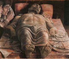 Andrea Mantegna
Saint James Led to his Martydom [Dead Christ]
1500/Tempera on Camvas
Page 454

The artist was excellent at perspective.
Recorded under the name Foreshortened Christ at the time of Mantegna's death.
Strikingly realistic and foreshort
