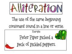 Alliteration happens when words that begin with the same sound are placed close to one another. For example, “the silly snake silently slinked by” is a 
form of alliteration. Try saying that ten times fast.