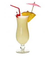 Hurricane glass

In blender:
2 oz white rum
1 oz Coco Lopez Coconut Cream
1 oz heavy cream
6 oz pineapple juice
4-6 oz ice 

Blend until smooth

Garnish with a speared cherry and pineapple chunk.