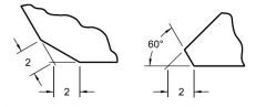 These two methods depict the acceptable methods of dimensioning chamfers for surfaces intersection at other than ____ ______.
