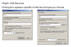 To create a resource record, right-click the zone and choose the type of record you wish to create.  A dialog box appears with input controls that are appropriate for the type of record you are adding.  Besides entering a resource record name and an IP ad
