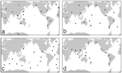 Which of the maps below is the best representation of the distribution of earthquakes of magnitude 7 or larger?