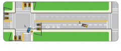 What should vehicle #1 be aware of when turning right? Which lane should he enter?