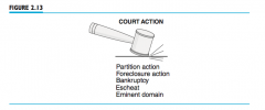 A court of law may be called upon to transfer legal title in a variety of situations. The most common of these involuntary transfers are partition action, foreclosure action, bankruptcy, escheat, and emi- nent domain. (See Figure 2.13.)