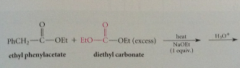less reactive ester w/o a-H can be used if present in excess i.e. ethoxycarbonyl group w diethyl carbonate - enolate ion of ethyl phenylacetate condenses preferentially w diethyl carbonate rather than another mlc of itself bc