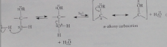 acid-catalyzed addition of the alcohol to the carbonyl group to give a hemiacetal, which reacts when OH is protonated & water lost to give relatively stable carbocation, an a-alkoxy carbocation