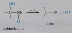 carbinolamine undergoes acid-catalyzed dehydration to form imines, faster than dehydration of ordinary alcohol