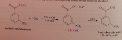 Cleavage w hydroxide ion to yield carboxylate salt and alcohol - CA formed when strong acid added