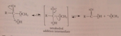 rxn nuc hydroxide ion @ carbonyl C to give tetrahedral addition intermediate from which alkoxide ion expelled and reacts w acid to give carboxylate salt & alcohol