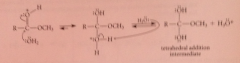 h2o as nuc reacts at carbonyl carbon, loses proton to give tetrahedral addition intermediate