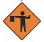 1. This sign means?
A) End of road construction.
B) Road construction detour to the left.
C) Road construction detour to the right.
D) A flagger  is stationed ahead to control road users.