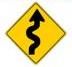 This warning sign means?
A) Winding road ahead, begins with a curve to the right.
B) Winding road ahead, begins with a curve to the left.
C) Slippery when wet.
D) The road curves to the left then to the right.