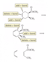 1. Locate double bond in project; delete that pi bond and add pi bonds on either side of it.
2. Delete the sigma bonds between the diene side of the cycloalkene and add a pie bond between the two carbons that just had a sigma bond deleted.