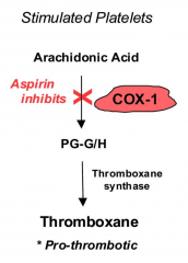 - Aspirin decreases platelet aggregation by inhibition in COX-1
- Results in decreased thromboxane formation
- Thromboxane regulates platelet aggregation through mediating glycoprotein IIb/IIIa