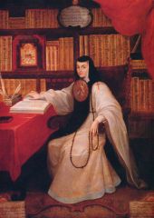 #99
Portrait of Sor Juana 
Inés de la Cruz
Miguel Cabrera 
1750 C.E.
_____________________
Content: This is a portrait of Sor Juana, a Catholic nun and sister of the Jeronimite order in New Spain (Mexico). She is sitting in a library, poised to w...