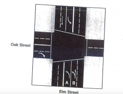 34. You are driving a long vehicle that makes wide turns. You want to make a left turn from Elm Street to Oak Street. There are two left turn lanes (marked "A" and "B") on Elm Street. Oak Street is a four-lane street with two lanes in each direct...