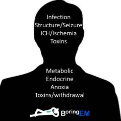 IS IT / MEAT
INTRACRANIAL - Infection, Structural, ICH/Ischemia, Trauma
_______________________
EXTRACRANIAL - Metabolic, Endocrine, Anoxia, Toxins/withdrawal