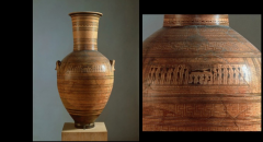 Dipylon Vase. Late Geometric belly-handled amphora, from the Dipylon Cemetery, Athens. ca. 750 BCE, height 5’1” (1.55m)


(c. 900-700): predominance of linear designs in vase paintings and clay/bronze sculptures, closely related


 