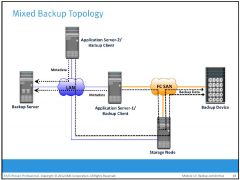 uses both the LAN-based and SAN-based topologies. This topology might be implemented for several reasons, including cost, server location, reduction in
administrative overhead, and performance considerations.