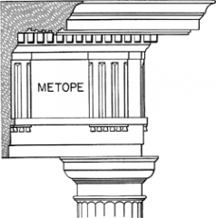 a square space between triglyphs in a Doric frieze.