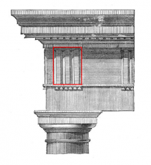 an architectural term for the vertically channeled tablets of the Doric frieze, so called because of the angular channels in them, two perfect and one divided, the two chamfered angles or hemiglyphs being reckoned as one.