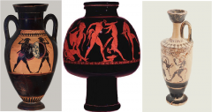 *In black-figure vase painting, figural and ornamental motifs were applied with a slip that turned black during firing, while the background was left the color of the clay.(1st).


*In white-ground pottery, the vase is covered with a light or wh...