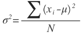 For a population variance, σ2, where N is the number of observances.  Note s^2, x-bar, and n for sample.