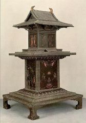 -mini golden hall (Kondo)
-decorated with wings of Tamamushi beetle
-"exact" Kondo replica architecturally
-originally portable altar, now permanently installed
-Hungry Lioness Jataka on the side (3 parts) 