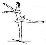 Both arms are extended forward to the side of the supporting leg, The fingertips of the arm farther from the audience are in a line with the centre of the space between the eyes while the arm nearer the audience is in a line with the shoulder.