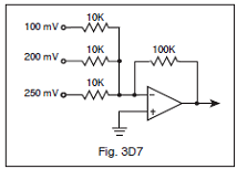 3-32D1

Given the combined DC input voltages, what would the output voltage be in the circuit shown in Figure 3D7?
