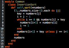 (1..numbers.size-1).each do |j|
  key = numbers[j]
  i = j - 1
  while i >= 0 && numbers[i] > key
    numbers[i+1] = numbers[i]
    i -= 1
  end
  numbers[i+1] = key unless j == i+1
end