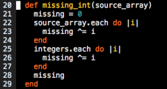 def missing_int(source_array)
  missing = 0
  source_array.each do |i|
    missing ^= i
  end
  integers.each do |i|
    missing ^= i
  end
  missing
end